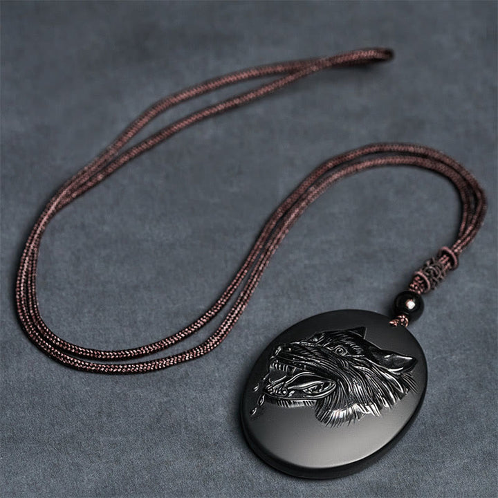 Buddha Stones Wolf Head Natural Black Obsidian Strength Necklace Pendant - image 7