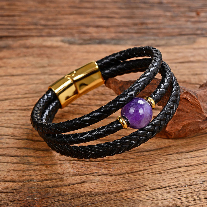 Buddha Stones Multicolored Bead Amethyst Lazurite Craved Six True Words Braided Leather Balance Bracelet - Amethyst - 18-22cm - image 3