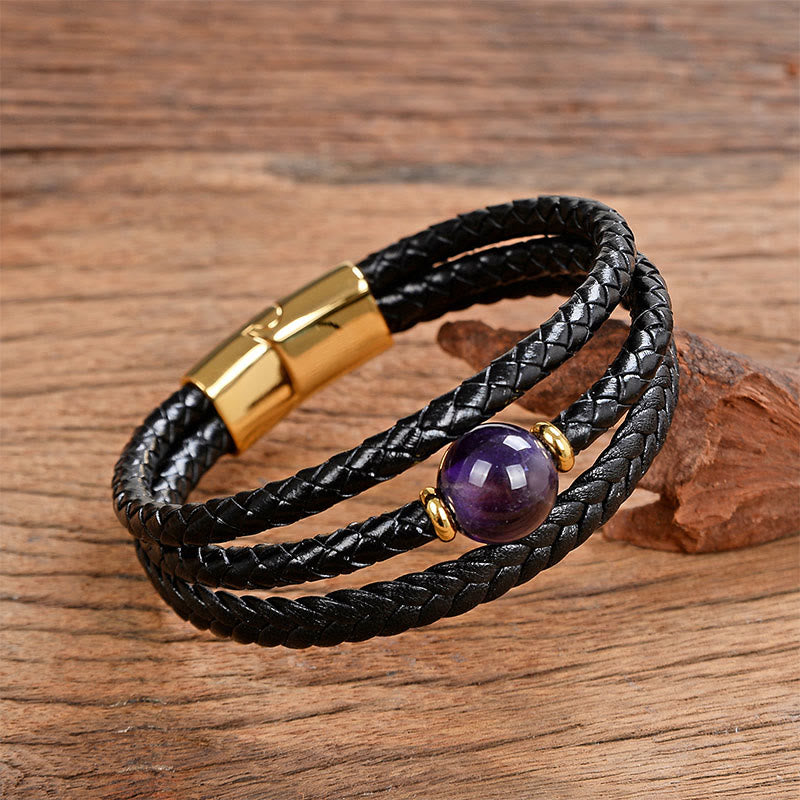 Buddha Stones Multicolored Bead Amethyst Lazurite Craved Six True Words Braided Leather Balance Bracelet - Purple Tiger Eye - 18-22cm - image 14