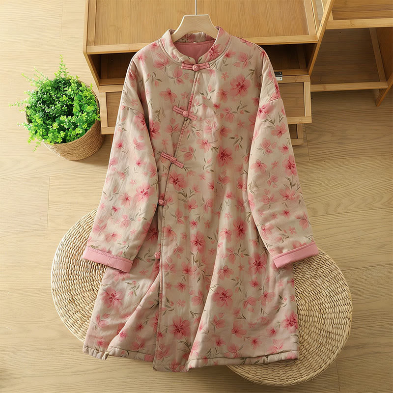 Buddha Stones Frog-button Flower Pattern Crew Neck Thickened Long Sleeve Women's Coat  - Pink - US14，UK/AU18，EU46 (2XL) - image 0
