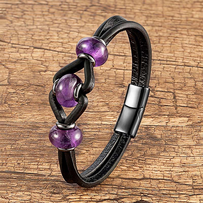 Buddha Stones Amethyst Crystal Stone Double Leather Relieves Stress Round Bracelet - Amethyst - 18-22cm - image 0