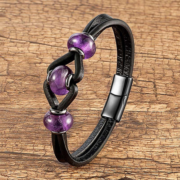 Buddha Stones Amethyst Crystal Stone Double Leather Relieves Stress Round Bracelet - Amethyst - 18-22cm - image 0