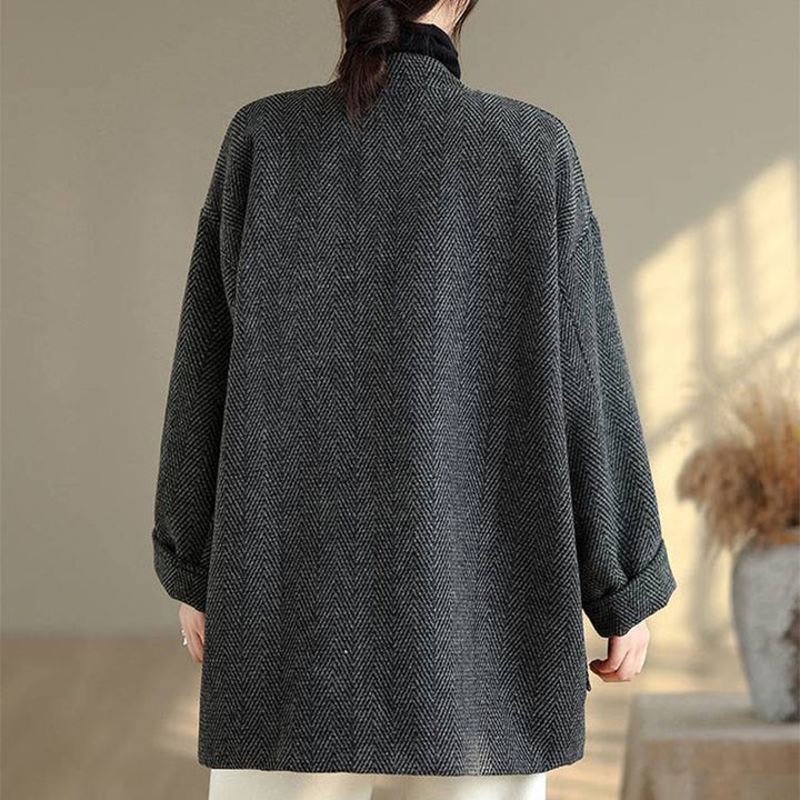 Buddha Stones Stripe V-Neck Cotton Long Sleeve Women's Coat With Pockets - image 4