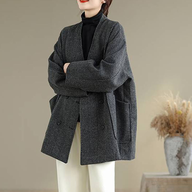 Buddha Stones Stripe V-Neck Cotton Long Sleeve Women's Coat With Pockets - image 2