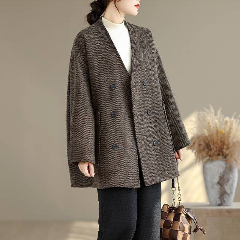 Buddha Stones Stripe V-Neck Cotton Long Sleeve Women's Coat With Pockets - image 12