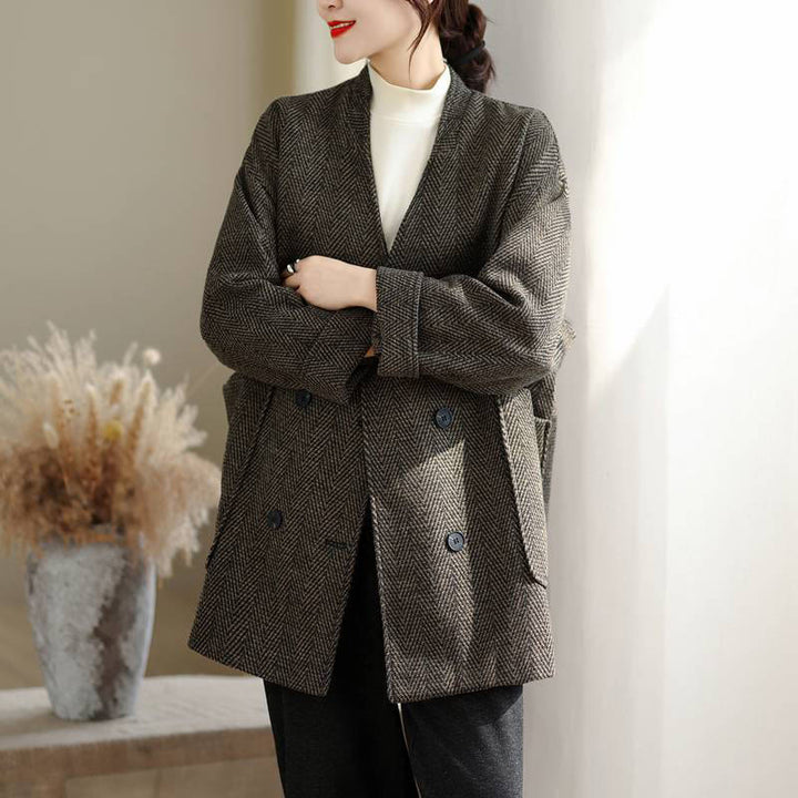 Buddha Stones Stripe V-Neck Cotton Long Sleeve Women's Coat With Pockets - image 13