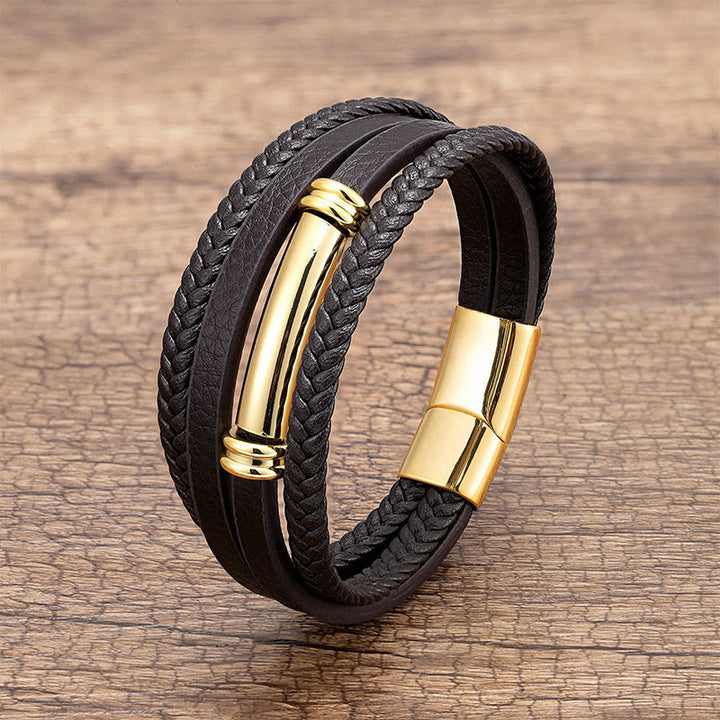 Buddha Stones Multi-layered Simple Design Leather Titanium Steel Balance Bracelet - Gold - 18-22cm - image 4