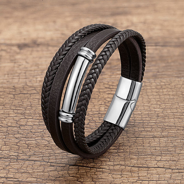 Buddha Stones Multi-layered Simple Design Leather Titanium Steel Balance Bracelet - Silver - 18-22cm - image 3