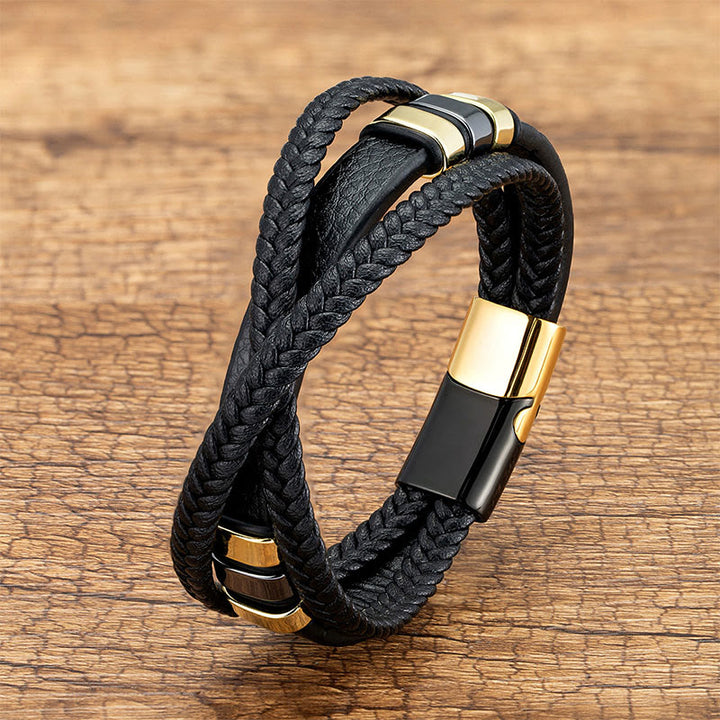 Buddha Stones Multi-layered Cross-woven Design Leather Titanium Steel Balance Bracelet - Black&Gold - 18-22cm - image 3