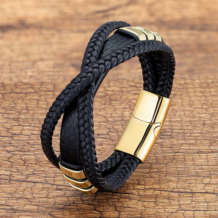 Buddha Stones Multi-layered Cross-woven Design Leather Titanium Steel Balance Bracelet - Gold - 18-22cm - image 5