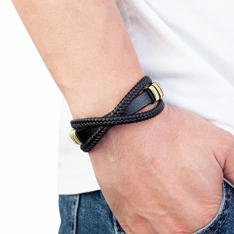 Buddha Stones Multi-layered Cross-woven Design Leather Titanium Steel Balance Bracelet - image 6