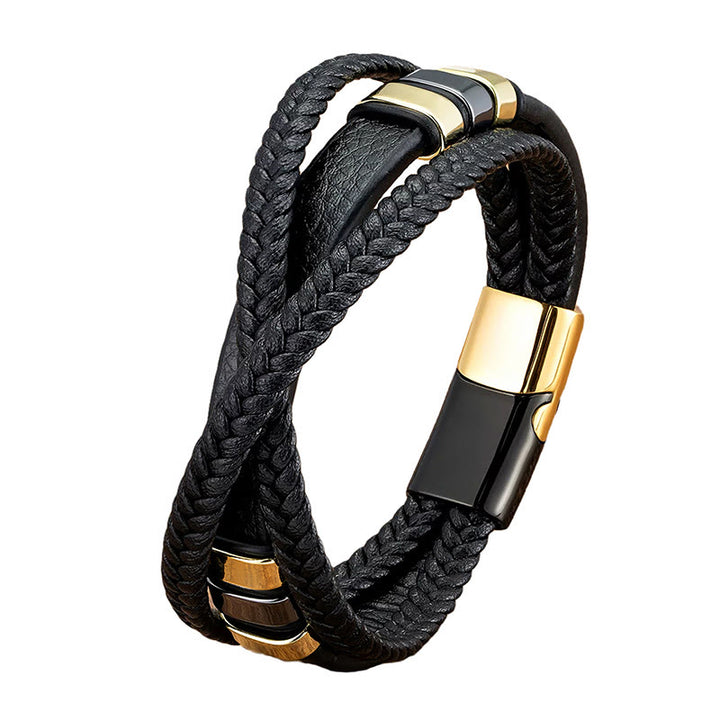 Buddha Stones Multi-layered Cross-woven Design Leather Titanium Steel Balance Bracelet - image 4