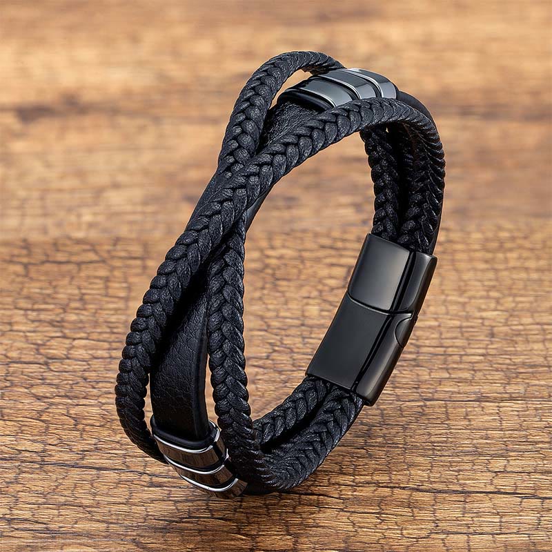 Buddha Stones Multi-layered Cross-woven Design Leather Titanium Steel Balance Bracelet - Black - 18-22cm - image 0