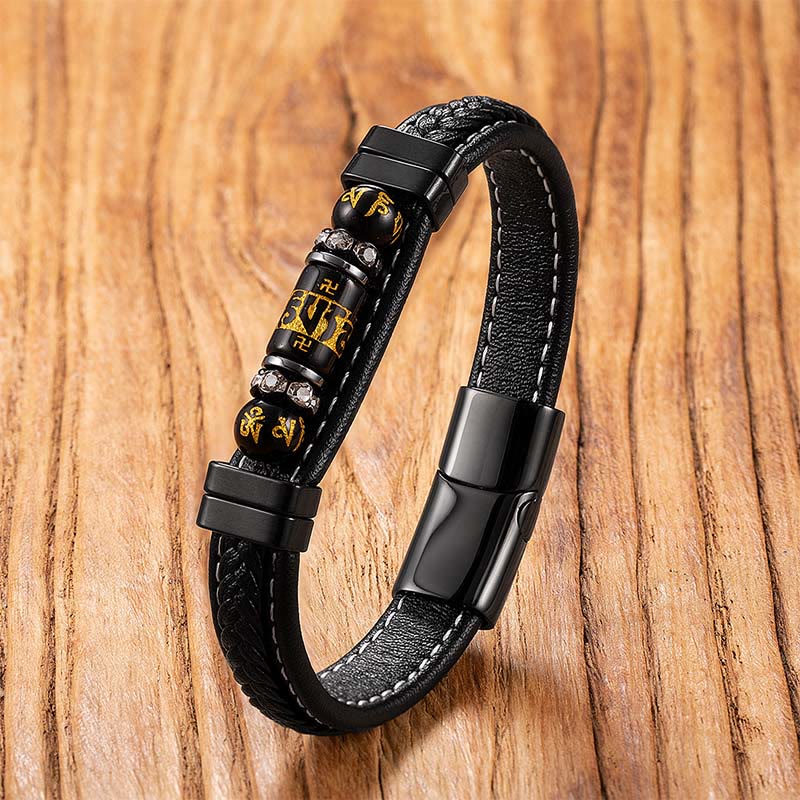 Buddha Stones Om Mani Padme Hum Dragon Symbol Black Onyx Leather Titanium Steel Balance Protection Bracelet - Black Onyx Om Mani Padme Hum, - 18-22cm - image 0