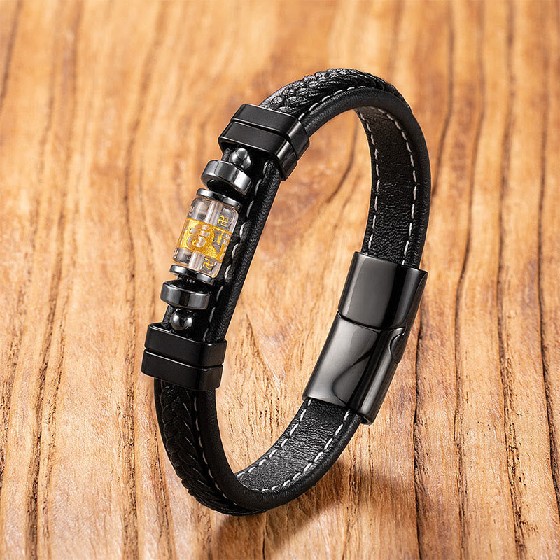 Buddha Stones Om Mani Padme Hum Dragon Symbol Black Onyx Leather Titanium Steel Balance Protection Bracelet - White Liuli Mantra - 18-22cm - image 5