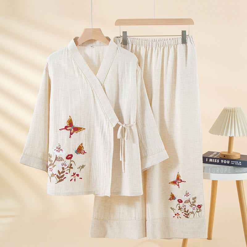 Buddha Stones 2pcs Colorful Floral Butterfly Long Sleeve V-Neck Shirt Pants Cotton Pajamas Set With Pockets - Snow - US6，UK/AU10，EU38 (XL) - image 0