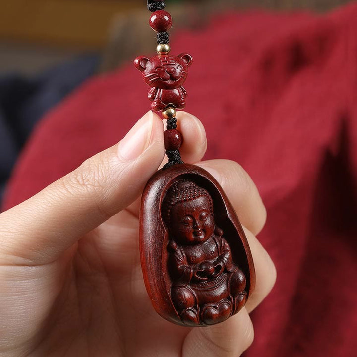 Buddha Stones Small Leaf Red Sandalwood Buddha Cinnabar Chinese Zodiac Amulet Protection Key Chain - image 11