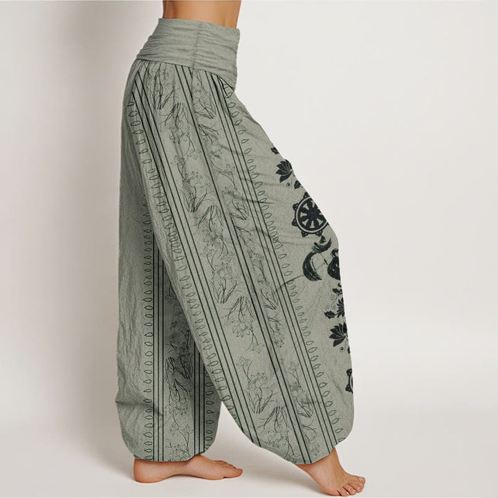 Buddha Stones Pure Cotton Dharma Wheel Lotus OM Pattern Women's Elastic Waist Harem Pants - image 7