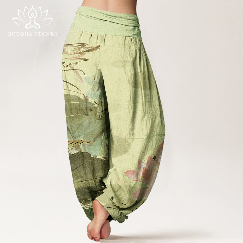 Buddha Stones Cotton Pink Lotus Leaves Bird Pattern Women's Elastic Waist Harem Pants - image 1