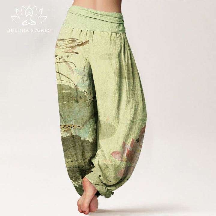 Buddha Stones Cotton Pink Lotus Leaves Bird Pattern Women's Elastic Waist Harem Pants - image 1