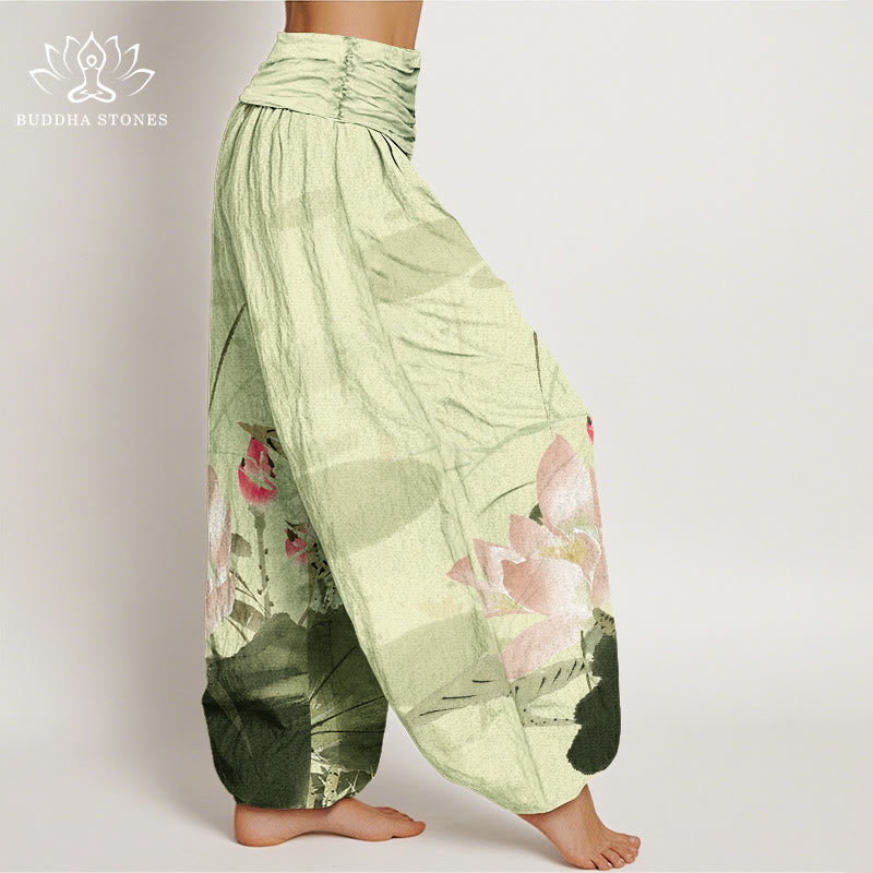 Buddha Stones Cotton Pink Lotus Leaves Bird Pattern Women's Elastic Waist Harem Pants - image 2