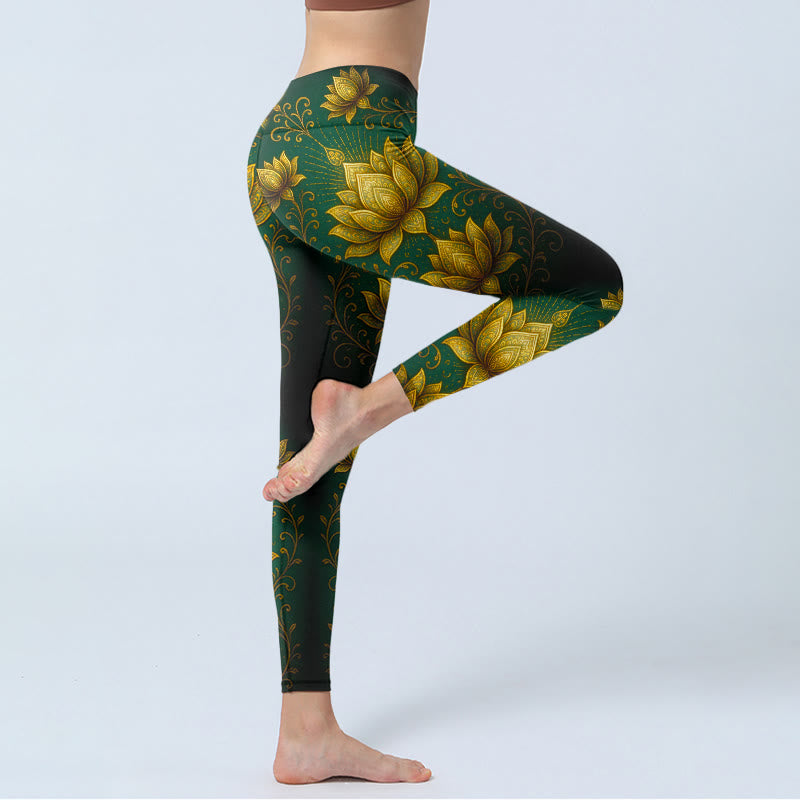 Buddha Stones Golden Lotus Pattern Print Gym Leggings Women's Yoga Pants - image 3