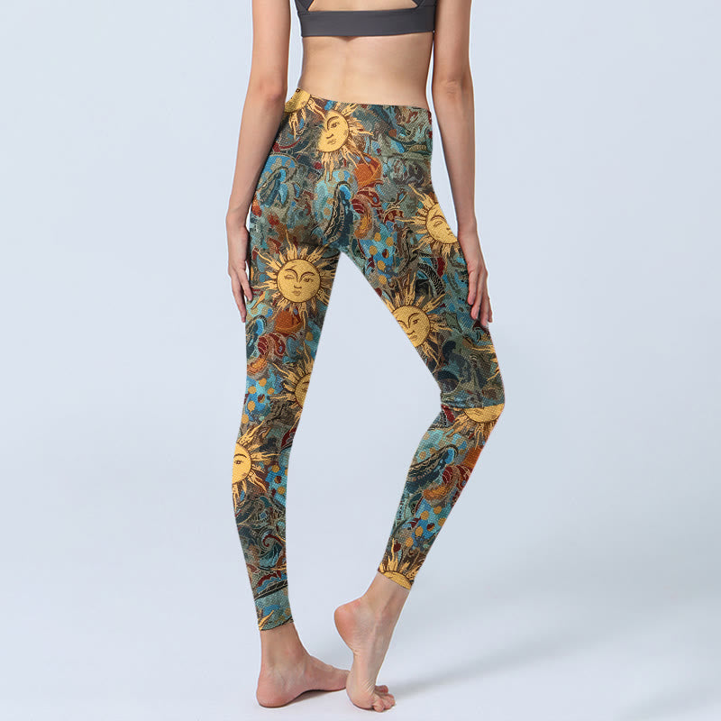 Buddha Stones Golden Personified Sun Pattern Print Gym Leggings Women's Yoga Pants - image 4