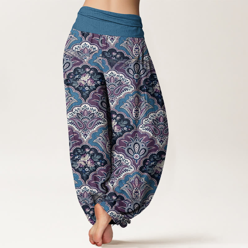 Buddha Stones Cotton Repetitive Fan Shape Flowers Leaves Pattern Women's Elastic Waist Harem Pants - image 6