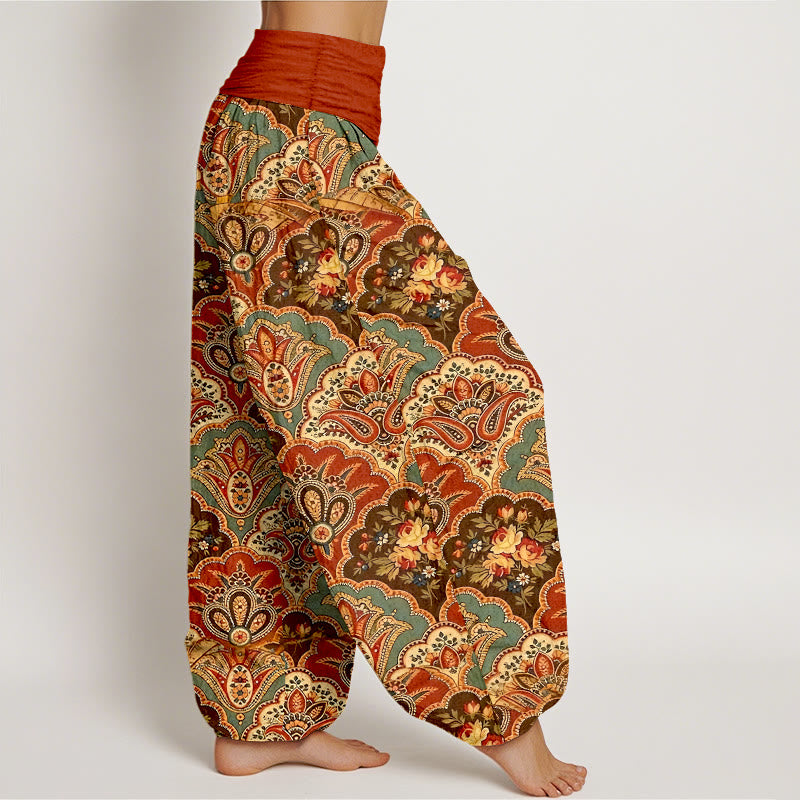 Buddha Stones Cotton Repetitive Fan Shape Flowers Leaves Pattern Women's Elastic Waist Harem Pants - image 10