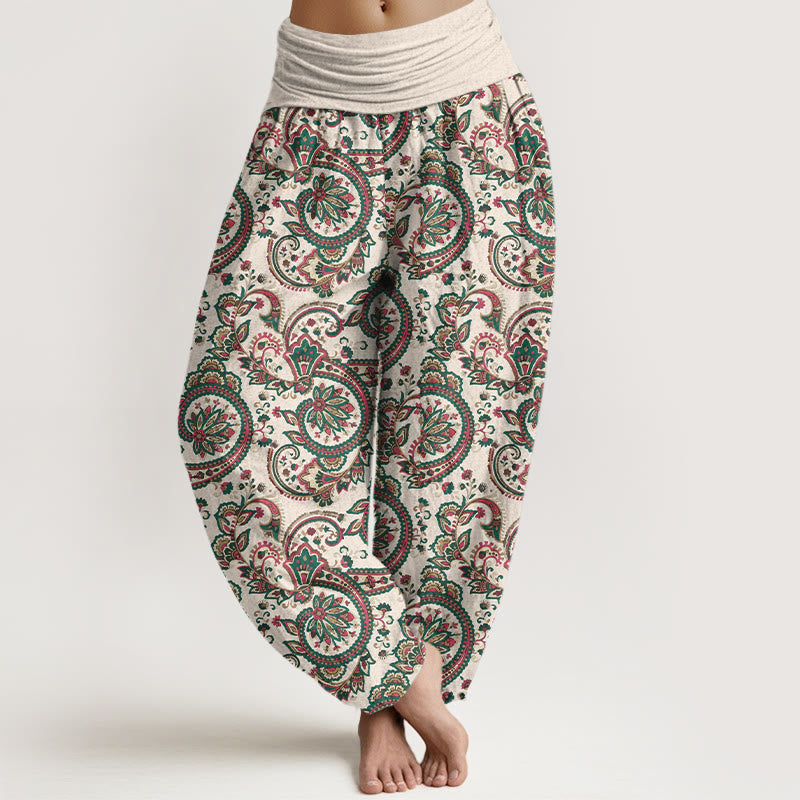 Buddha Stones Cotton Retro Complex Flowers Leaves Vine Pattern Women's Elastic Waist Harem Pants - Beige - US16，UK/AU20，EU48 (3XL) - image 5