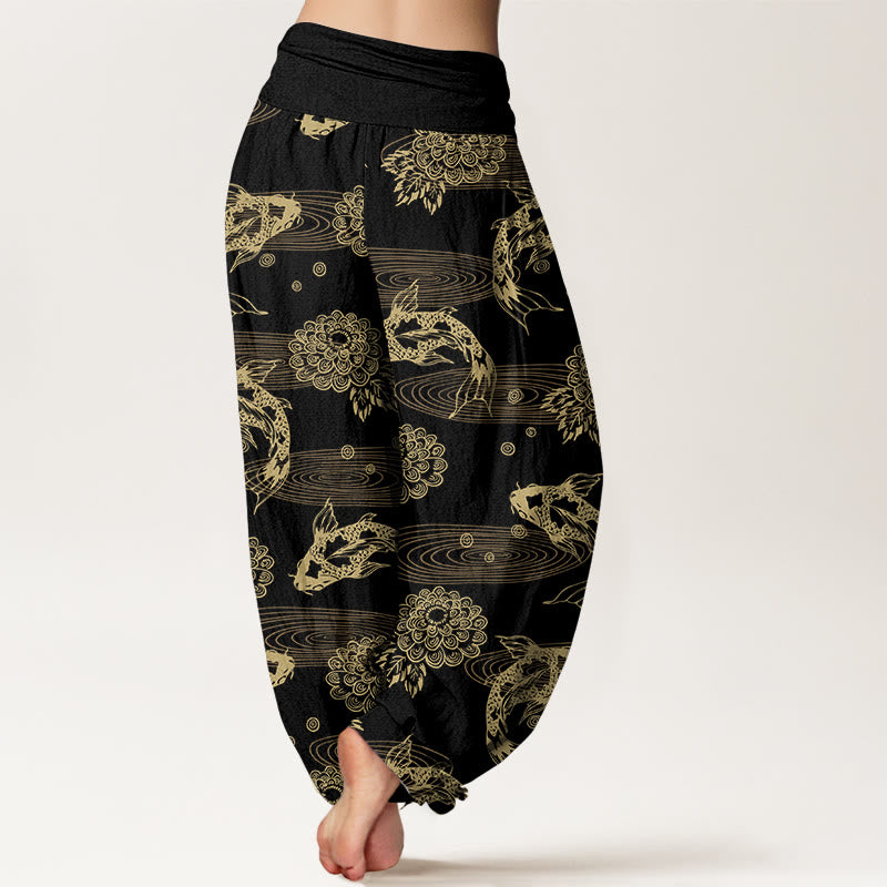 Buddha Stones Cotton Exquisite Koi Fish Flowers Leaves Curve Pattern Women's Elastic Waist Harem Pants - image 1