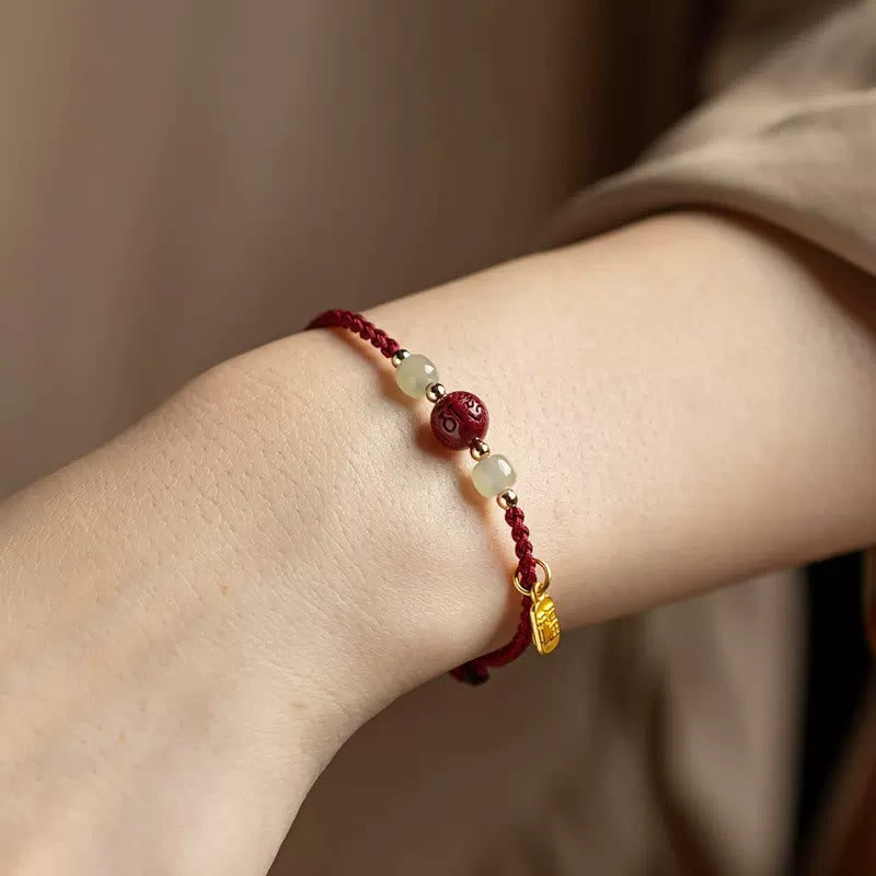 Buddha Stones Fu Character Hetian Jade Bead Om Mani Padme Hum Cinnabar Red String Prosperity Bracelet - image 3
