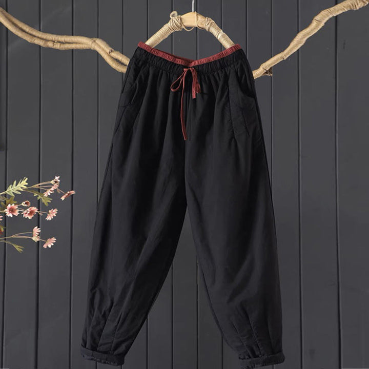 Buddha Stones Plain Color Blocking Cotton Polyester Thick Women's Pants With Pockets - Black - US12，UK/AU16，EU44 (3XL) - image 1