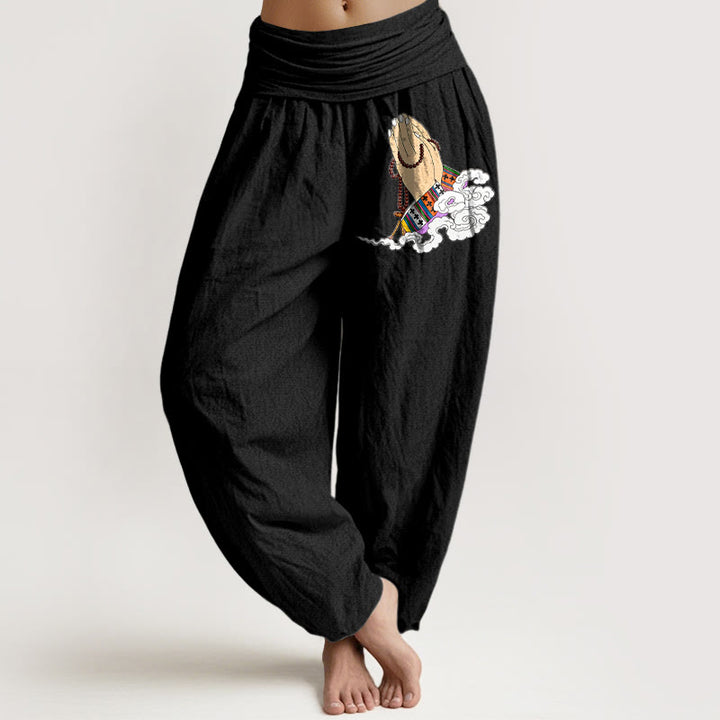 Buddha Stones Pure Cotton Simple Lively Clasped Hands Prayer Beads Clouds Pattern Women's Elastic Waist Harem Pants - Black - US16，UK/AU20，EU48 (3XL) - image 0