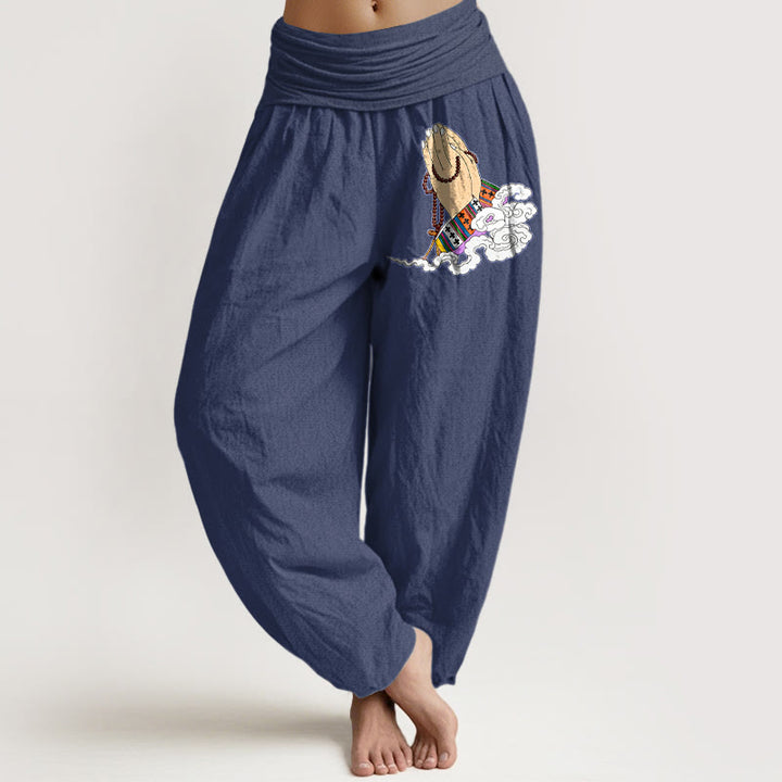 Buddha Stones Pure Cotton Simple Lively Clasped Hands Prayer Beads Clouds Pattern Women's Elastic Waist Harem Pants - DarkSlateBlue - US16，UK/AU20，EU48 (3XL) - image 5