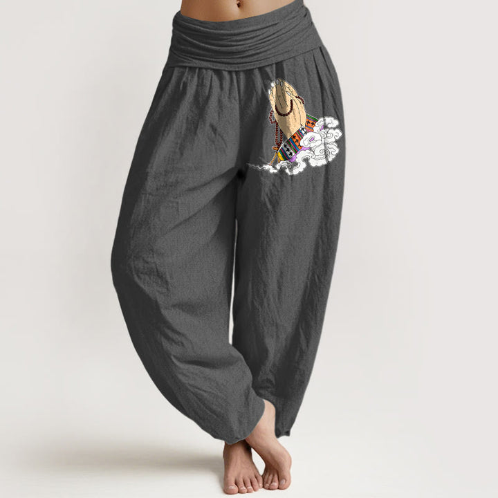 Buddha Stones Pure Cotton Simple Lively Clasped Hands Prayer Beads Clouds Pattern Women's Elastic Waist Harem Pants - DimGray - US16，UK/AU20，EU48 (3XL) - image 8
