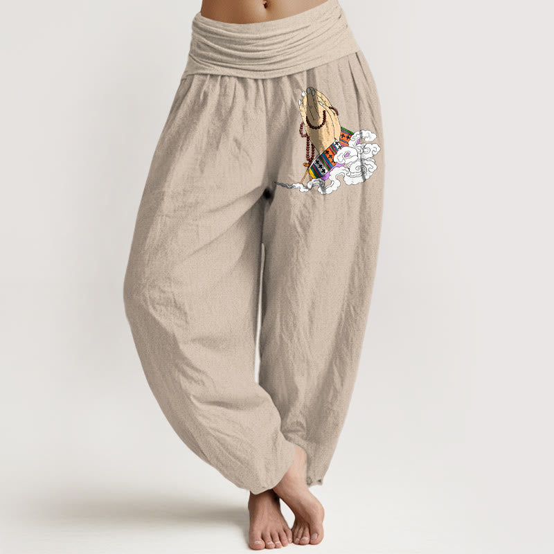 Buddha Stones Pure Cotton Simple Lively Clasped Hands Prayer Beads Clouds Pattern Women's Elastic Waist Harem Pants - Tan - US16，UK/AU20，EU48 (3XL) - image 11