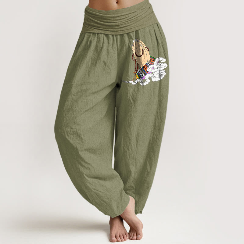 Buddha Stones Pure Cotton Simple Lively Clasped Hands Prayer Beads Clouds Pattern Women's Elastic Waist Harem Pants - OliveDrab - US16，UK/AU20，EU48 (3XL) - image 14