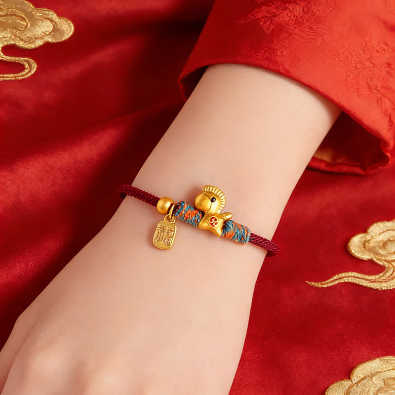 Buddha Stones 999 Sterling Silver Year of the Horse Fu Character Charm Braided String Faith Bracelet - image 3