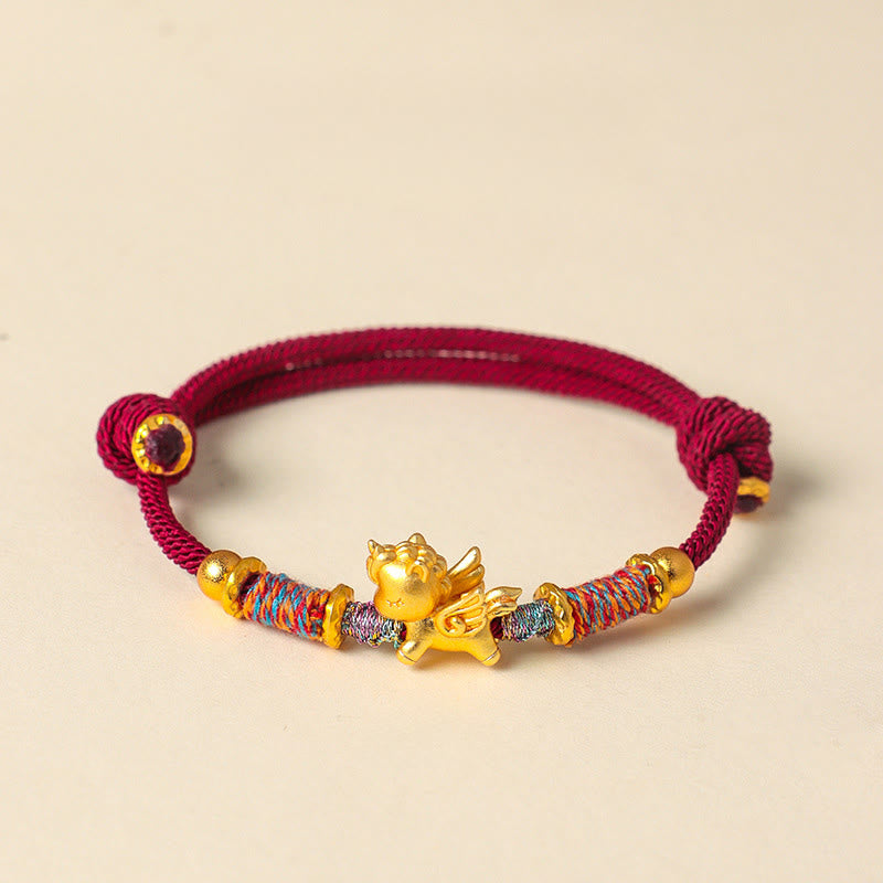 Buddha Stones Year of the Horse 999 Sterling Silver Plated Gold Braided String Rope Protection Bracelet - DarkRed Rope(Wrist Circumference: 15-18cm) - image 1