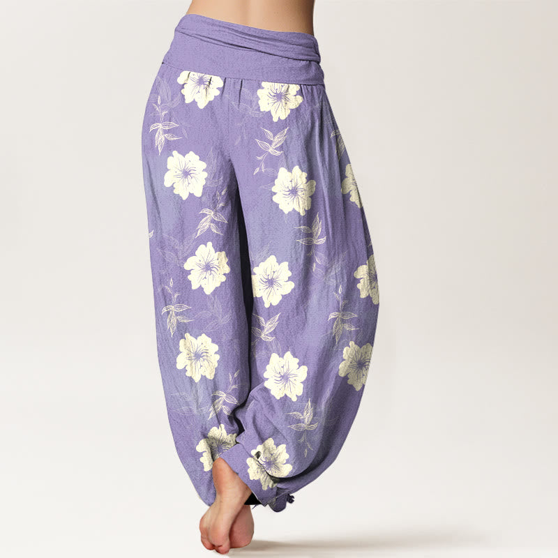 Buddha Stones Pure Cotton White Flowers Grass Women's Elastic Waist Harem Pants - image 6