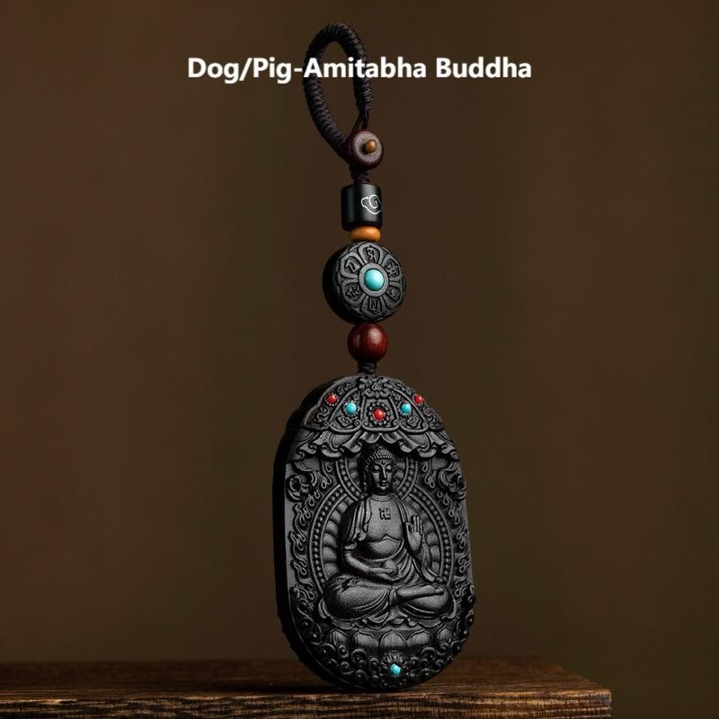 Buddha Stones Chinese Zodiac Natal Buddha Year of the Horse Om Mani Padme Hum Lotus Ebony Blessing Key Chain - Dog/Pig-Amitabha Buddha - image 26