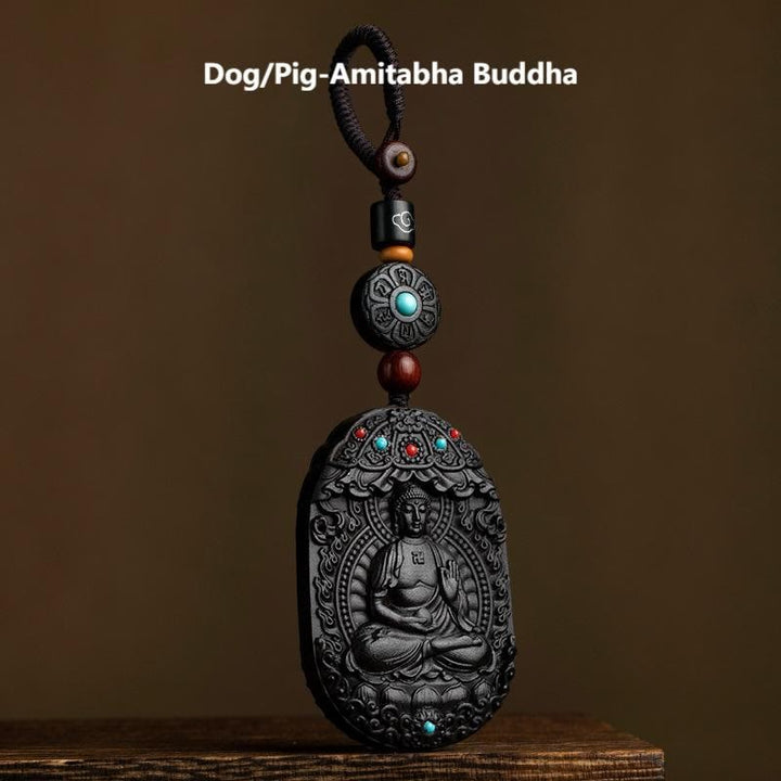 Buddha Stones Chinese Zodiac Natal Buddha Year of the Horse Om Mani Padme Hum Lotus Ebony Blessing Key Chain - Dog/Pig-Amitabha Buddha - image 26