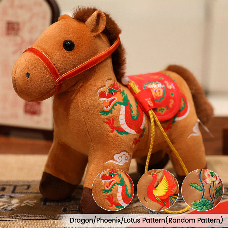 Buddha Stones Year of the Horse Bamboo Dragon Lotus Phoenix Plush Doll Home Decoration - Brown Dragon/Phoenix/Lotus Horse(Random Pattern) - 20*9.5*16cm - image 15