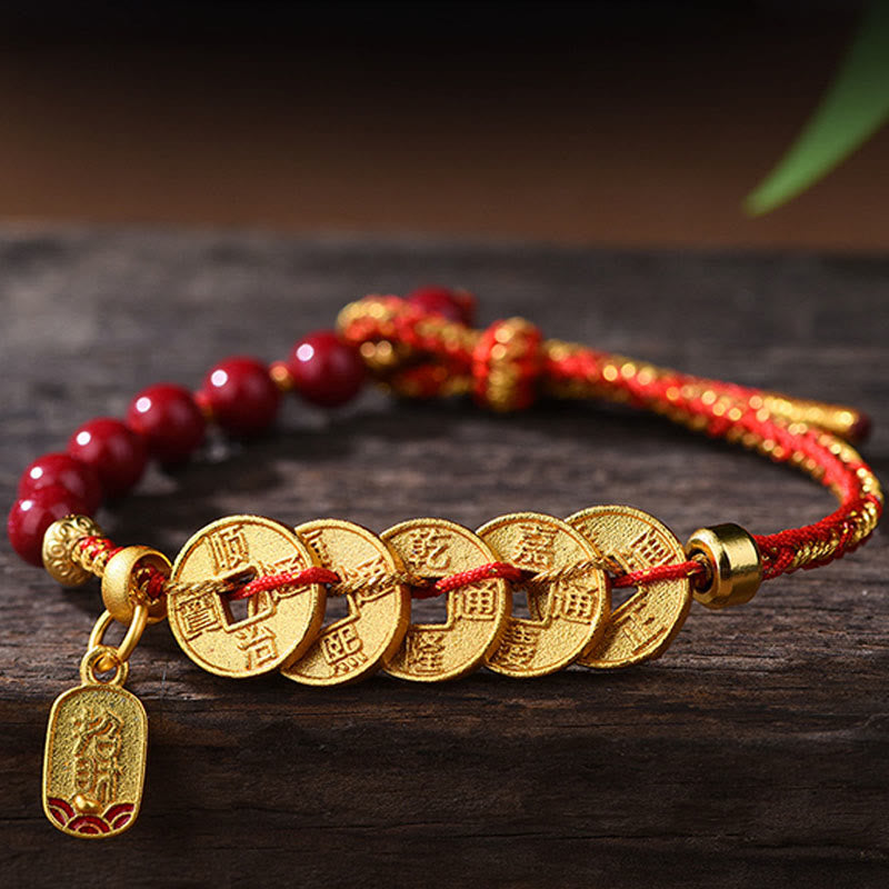 Buddha Stones Five-Emperor Coins Copper Amethyst Cinnabar Black Red String Balance Attract Fortune Bracelet - image 1