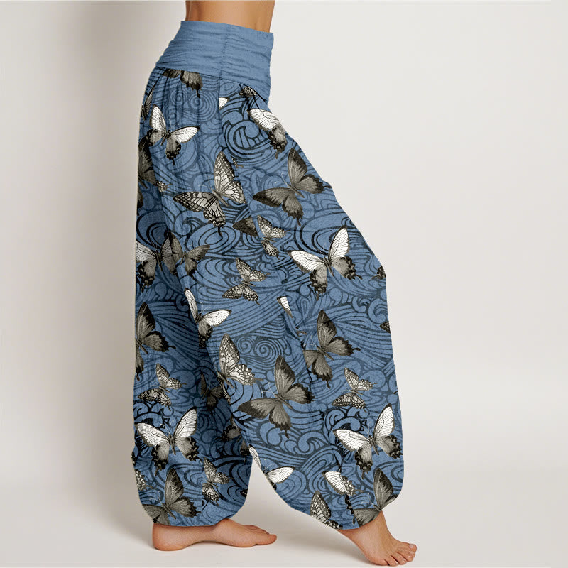 Buddha Stones Pure Cotton Gray Black Butterfly Striped Women's Elastic Waist Harem Pants - image 7