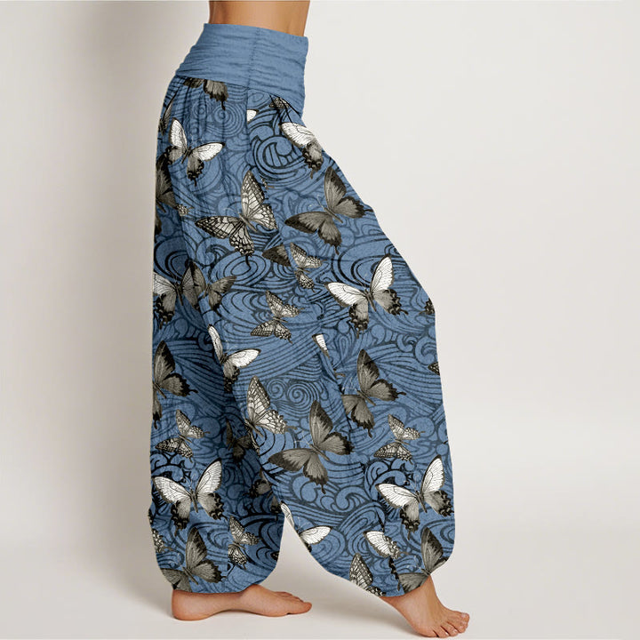 Buddha Stones Pure Cotton Gray Black Butterfly Striped Women's Elastic Waist Harem Pants - image 7