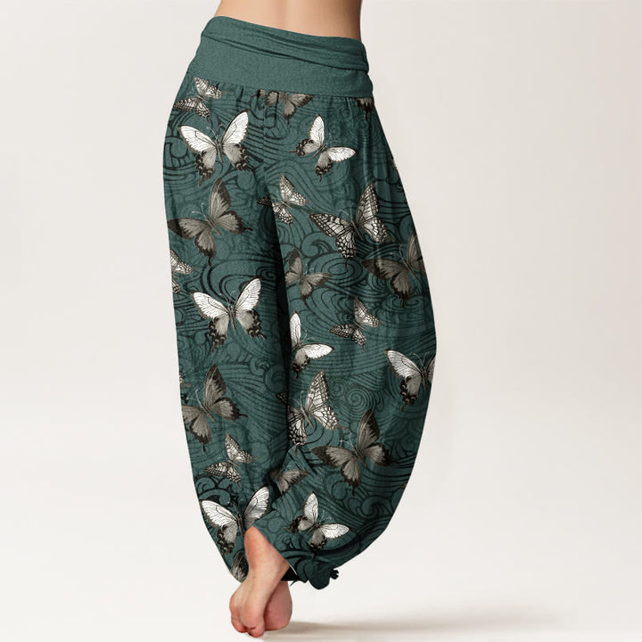 Buddha Stones Pure Cotton Gray Black Butterfly Striped Women's Elastic Waist Harem Pants - image 9