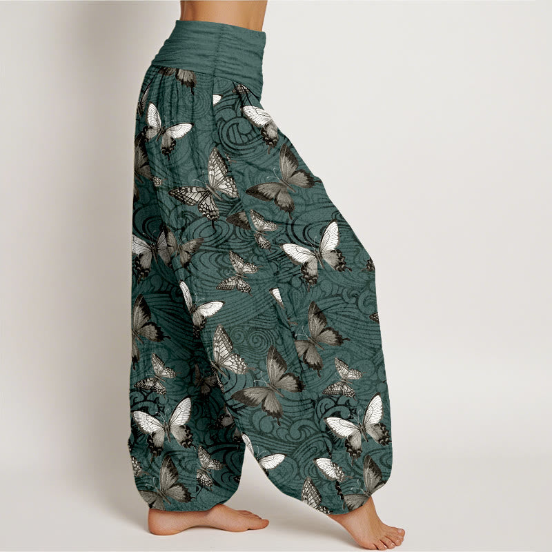 Buddha Stones Pure Cotton Gray Black Butterfly Striped Women's Elastic Waist Harem Pants - image 10