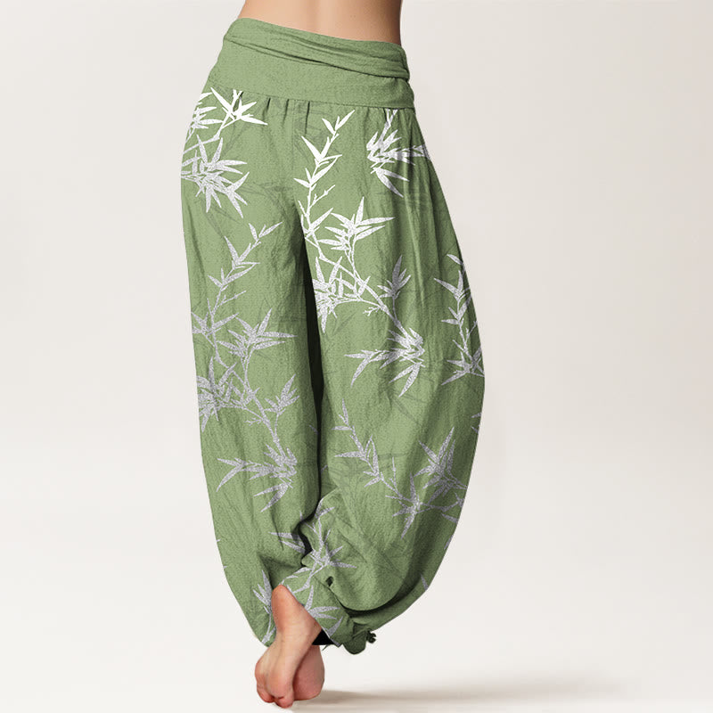 Buddha Stones Pure Cotton White Bamboo Leaves Women's Elastic Waist Harem Pants - image 9